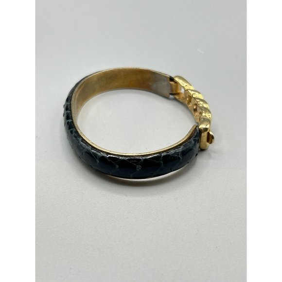 Vintage Snakeskin Black Bracelet Gold Plated Chain Style 80s 90s Costume Jewelry - Picture 2 of 8